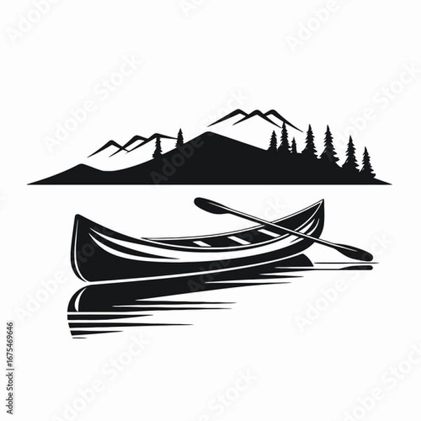 Fototapeta Serene lake with boat mountains and pines vector drawing silhouette