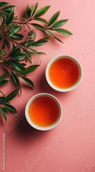 Obraz Flat lay of two bowls of tea and some green leaves on the left side, set against a pink background