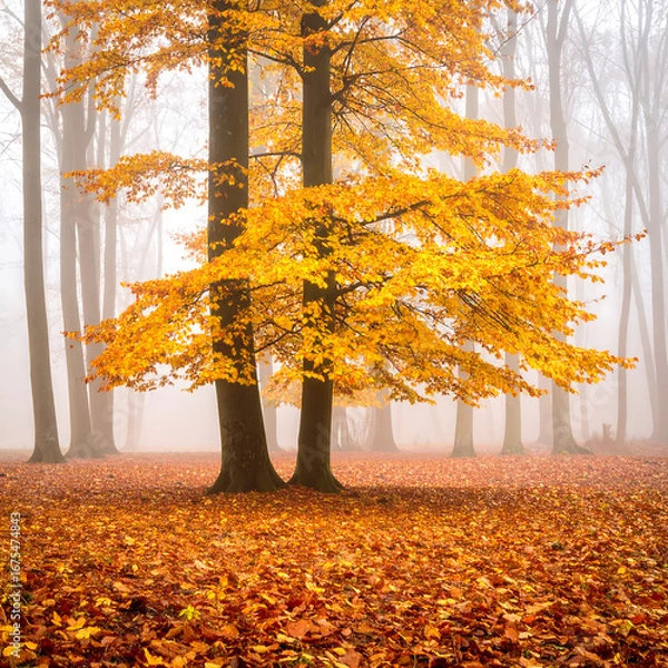 Obraz Autumn forest scene with golden leaves