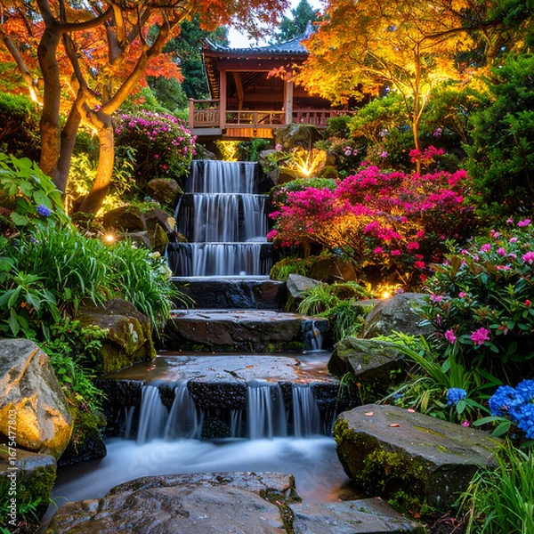 Obraz Autumn garden waterfall at dusk