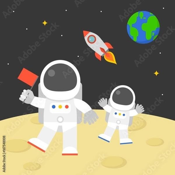 Fototapeta astronaut holding red flag walking on moon surface with flying rocket in space and earth globe background, flat design illustration vector
