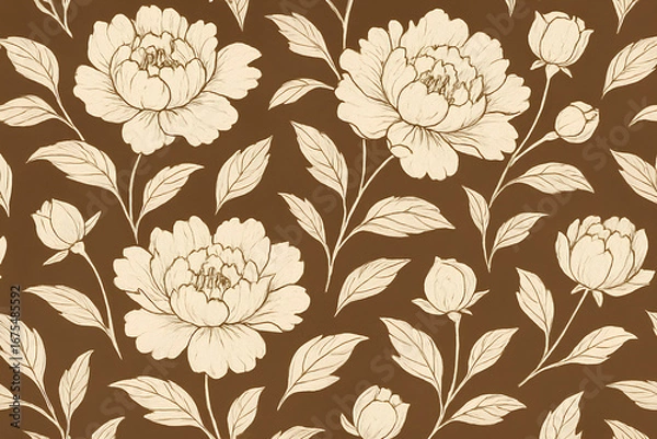 Fototapeta Seamless floral pattern with peony flowers and leaves in hand-drawn style on a brown background. Elegant botanical design perfect for fabric, wallpaper, wrapping paper, and decorative surfaces.