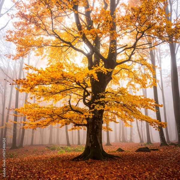 Obraz Autumn tree in misty forest