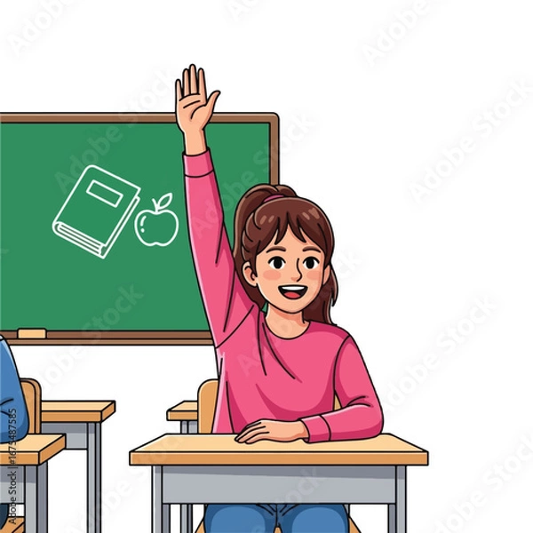 Fototapeta Girl raising hand in classroom near chalkboard with book and apple drawing.