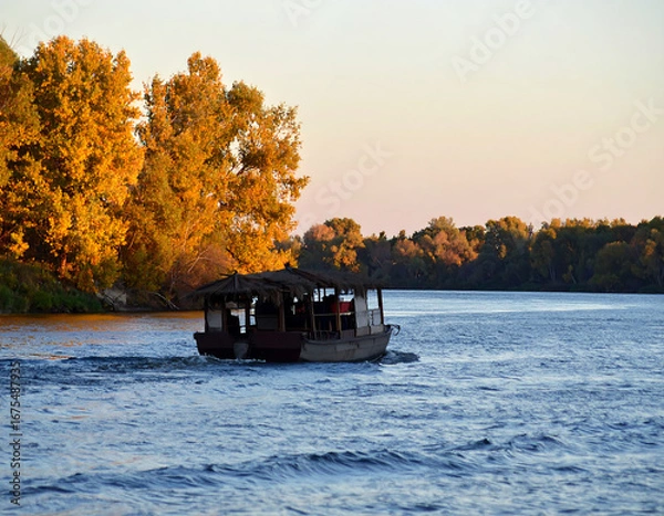 Obraz Autumnal river boat sunset landscape
