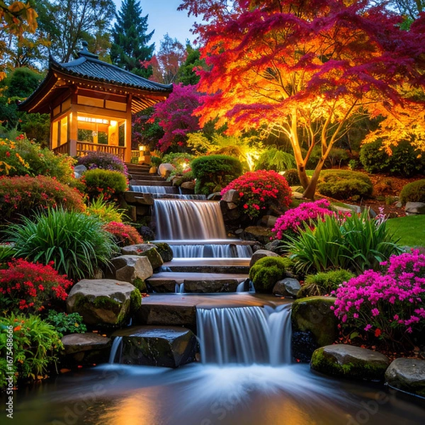 Obraz Beautiful autumn garden waterfall scene
