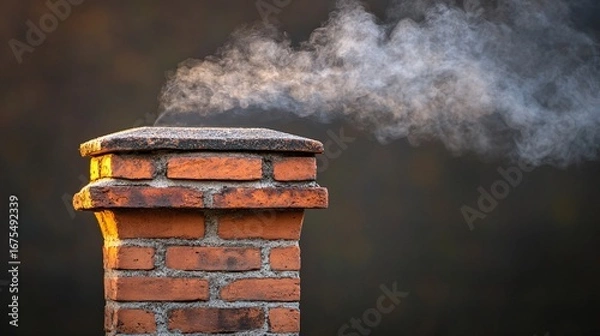 Fototapeta rustic brick chimney with smoke emitting in an outdoor setting during golden hour