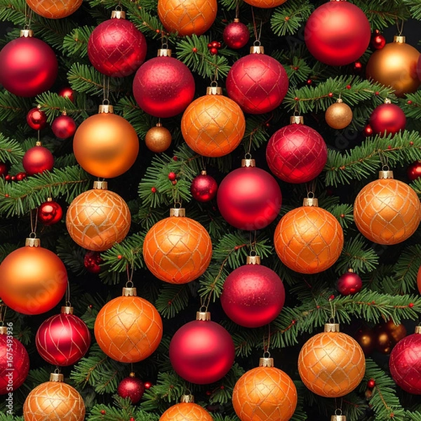 Obraz Christmas tree decorated with red and orange ornaments