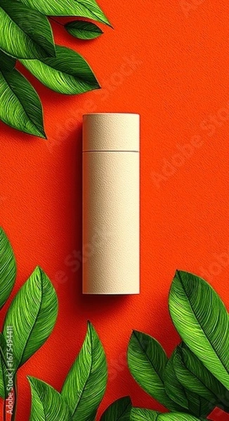 Obraz white blank face cream tube on an orange background with green leaves next to it. top view. 