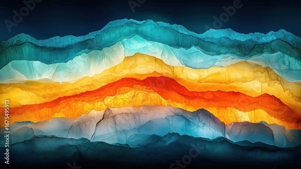 Fototapeta Colorful abstract panoramic of geological strata with fiery orange core and cool blue layers