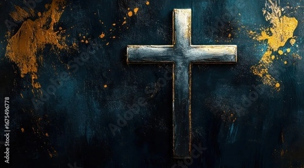 Fototapeta metallic cross on textured dark background with golden paint splashes evoking solemn and reflective mood