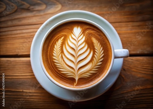 Fototapeta A steaming cup of coffee with intricate fern leaf design in latte art