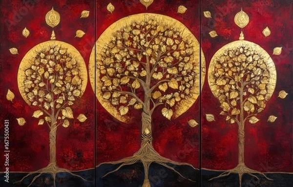 Fototapeta Triptych artwork featuring three stylized golden trees with intricate roots against a deep red textured background with golden circular halos and falling leaves, evoking warmth and elegance