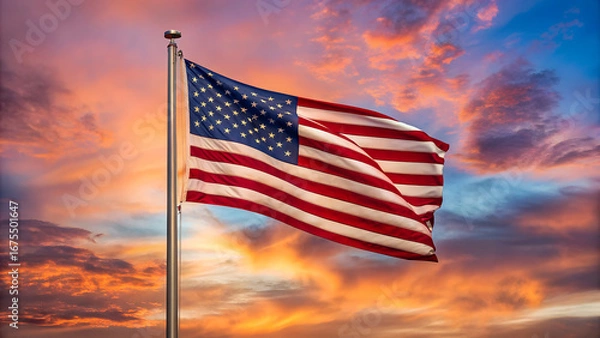 Obraz American flag waving against a vibrant sunset sky with clouds and a metal flagpole visible in the image