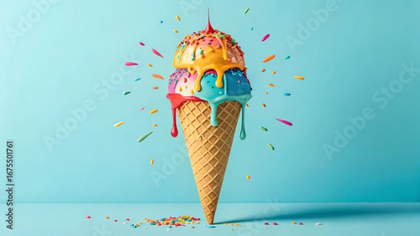 Obraz A colorful ice cream cone with sprinkles and dripping glaze on a light blue background studio shot
