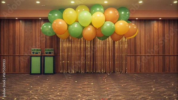 Obraz A room decorated with balloons, gold streamers, and two green boxes against a wood paneled wall