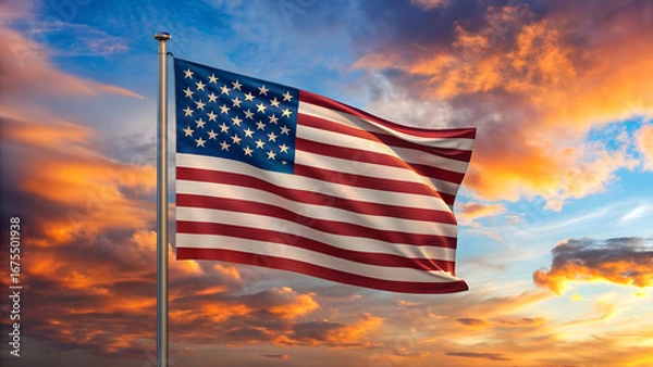 Obraz American flag waving proudly against a vibrant sunset sky with orange and blue hues visible in clouds