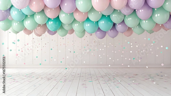 Obraz Ceiling covered in pastel balloons with confetti falling onto a white wooden floor