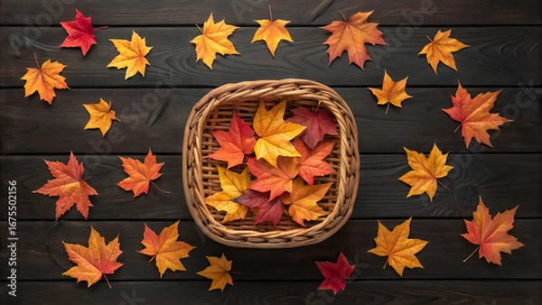 Obraz A top view of a woven basket filled with colorful fall leaves on a dark wooden surface surrounded by leaves