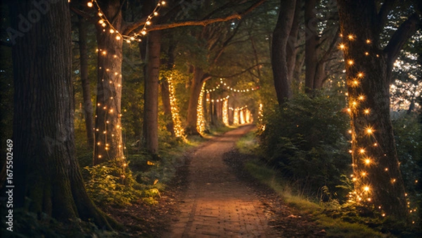 Obraz A pathway through a forest illuminated with string lights wrapped around trees and strung overhead