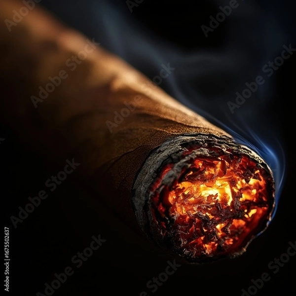 Fototapeta Close-up of a glowing burning cigar tip with embers and smoke against a dark background conveying warmth and intensity