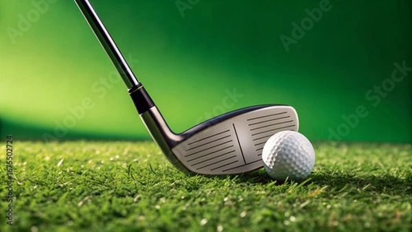 Obraz A golf club and golf ball resting on green grass with a green background ready for a swing shot