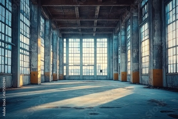 Fototapeta Large empty industrial warehouse interior with tall windows letting in soft natural light, creating long shadows on the dusty floor and a sense of quiet abandonment
