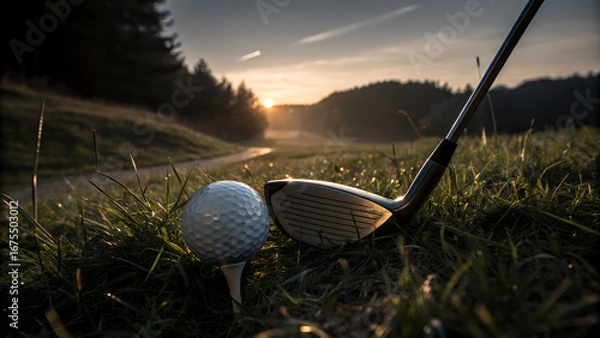 Obraz A golf ball on a tee with a club resting in the grass at sunrise on a beautiful golf course view