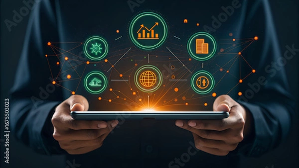 Obraz Person holding a tablet with glowing digital icons floating above it on a dark background in a studio shot