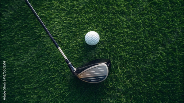 Obraz Overhead shot of a golf club and ball resting on a vibrant green artificial turf surface outdoors