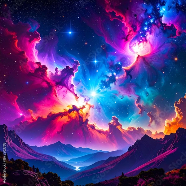 Obraz Colorful mountainous landscape night sky