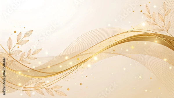 Obraz Elegant golden wave design with leaves and sparkles on a light beige background creating a soft and luxurious look