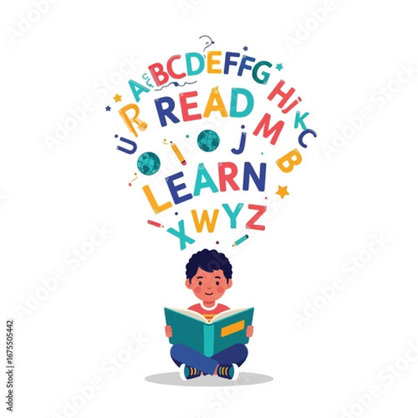 Fototapeta A young boy sits cross-legged reading a book, with colorful letters and words like "READ" and "LEARN" floating above his head, symbolizing education and knowledge.