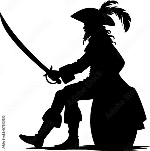 Fototapeta Silhouette of a Fearless Pirate with Sword Seated on Treasure Chest