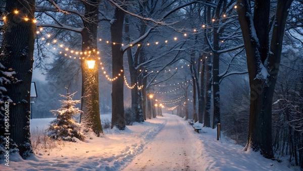 Obraz Snowy path lined with trees decorated with lights and street lamps in a winter wonderland scene