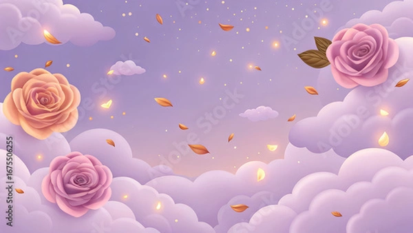 Obraz Roses floating among clouds in a dreamy purple sky with falling petals and glowing sparkles around