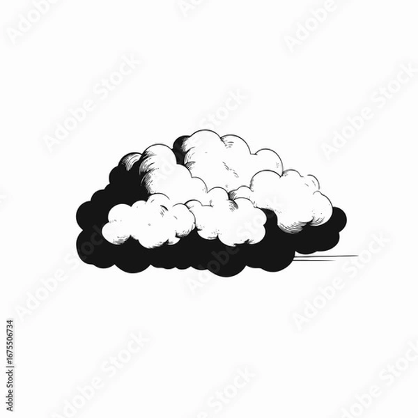 Fototapeta Stylized monochromatic cloud illustration with hatching textures creating a dynamic silhouette