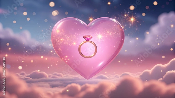 Obraz A pink heart with a diamond ring inside floating above clouds with sparkling lights in the background