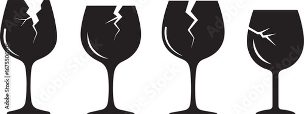 Fototapeta Broken Glassware Vector Set with Cracked Wine Glasses and Fractured Designs