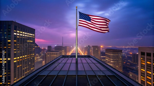 Obraz American flag atop skyscraper at dusk with city lights and colorful sky in the background scene view