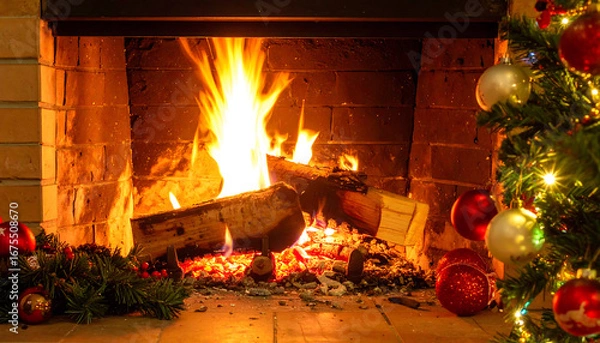 Obraz Cozy christmas fireplace scene
