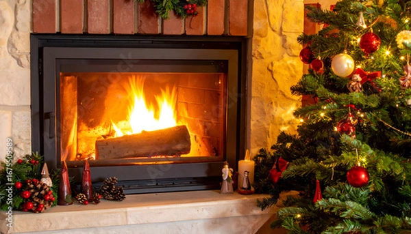 Obraz Cozy christmas fireplace with decorated tree