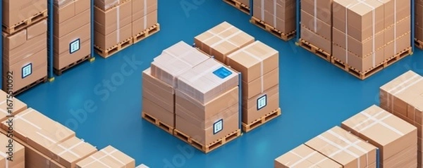 Fototapeta Isometric View of Cardboard Boxes on Pallets with Digital Labels, Warehouse, logistics