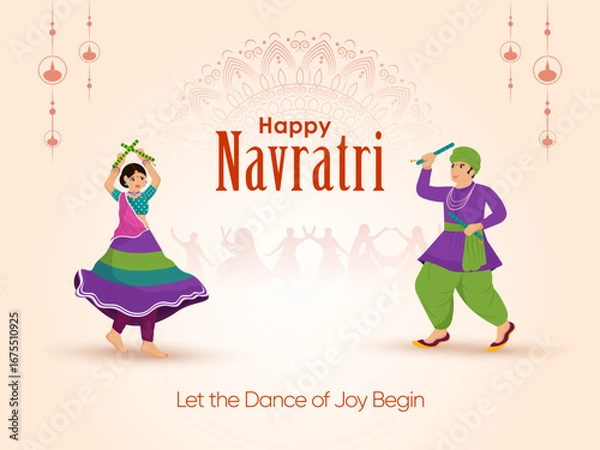 Fototapeta Happy Navratri Indian Festival celebration Character design, Couple illustration dancing with dandiya. Banner Poster or flyer design