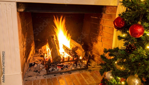 Obraz Cozy fireplace with christmas tree