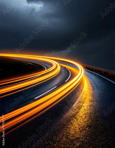 Obraz Curved road at night with light trails