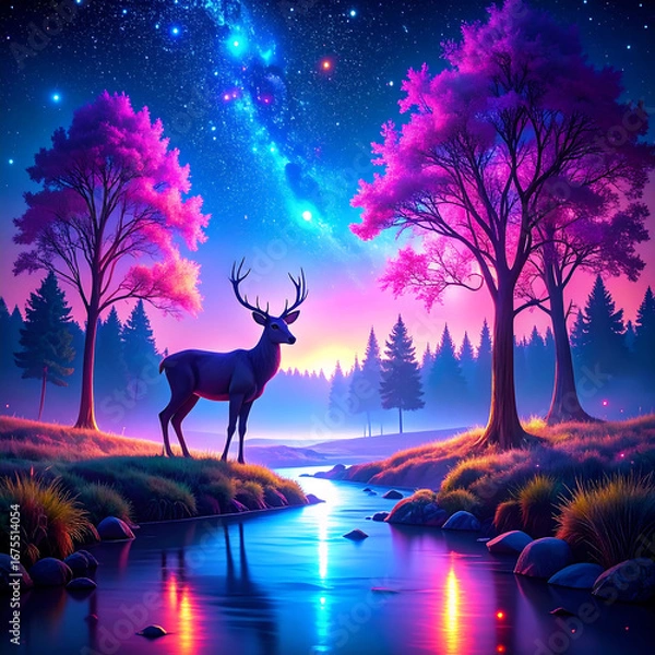 Obraz Deer by colorful river at dawn