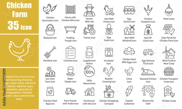 Obraz Chicken Farm Icons, Line Art Vector Set