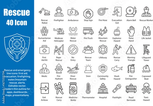 Obraz Rescue Icons: 40 Emergency Thin Line Vector Illustrations.