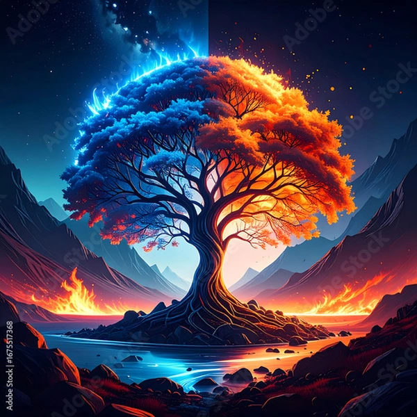 Obraz Dual color tree in a mountainous landscape